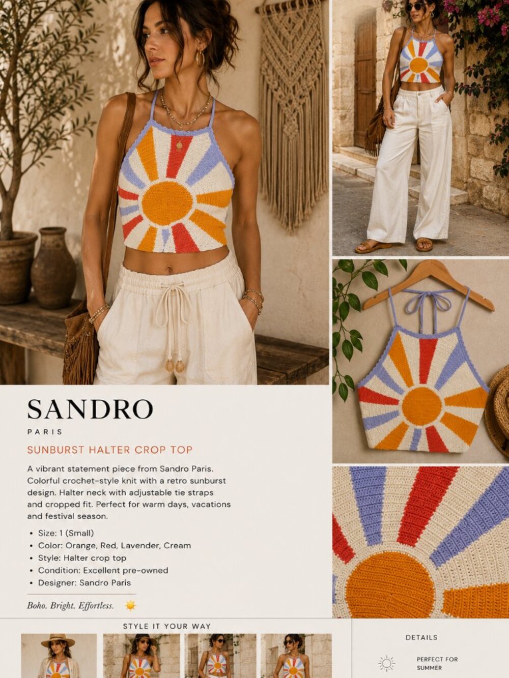 Sandro Crochet Sunburst Knit Tank Top Multicolor Retro Boho